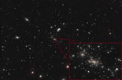 An attempt to capture gravitational lensing in the Abell 2218 galaxy cluster. The image was taken during testing at Astronomy Camp.